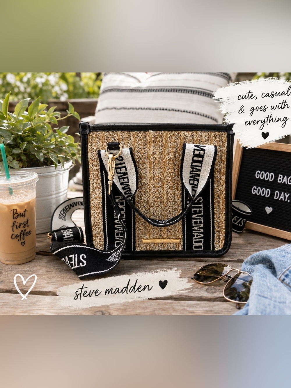 Steve Madden Straw Crossbody Bag with Black Trim and White Logo Strap